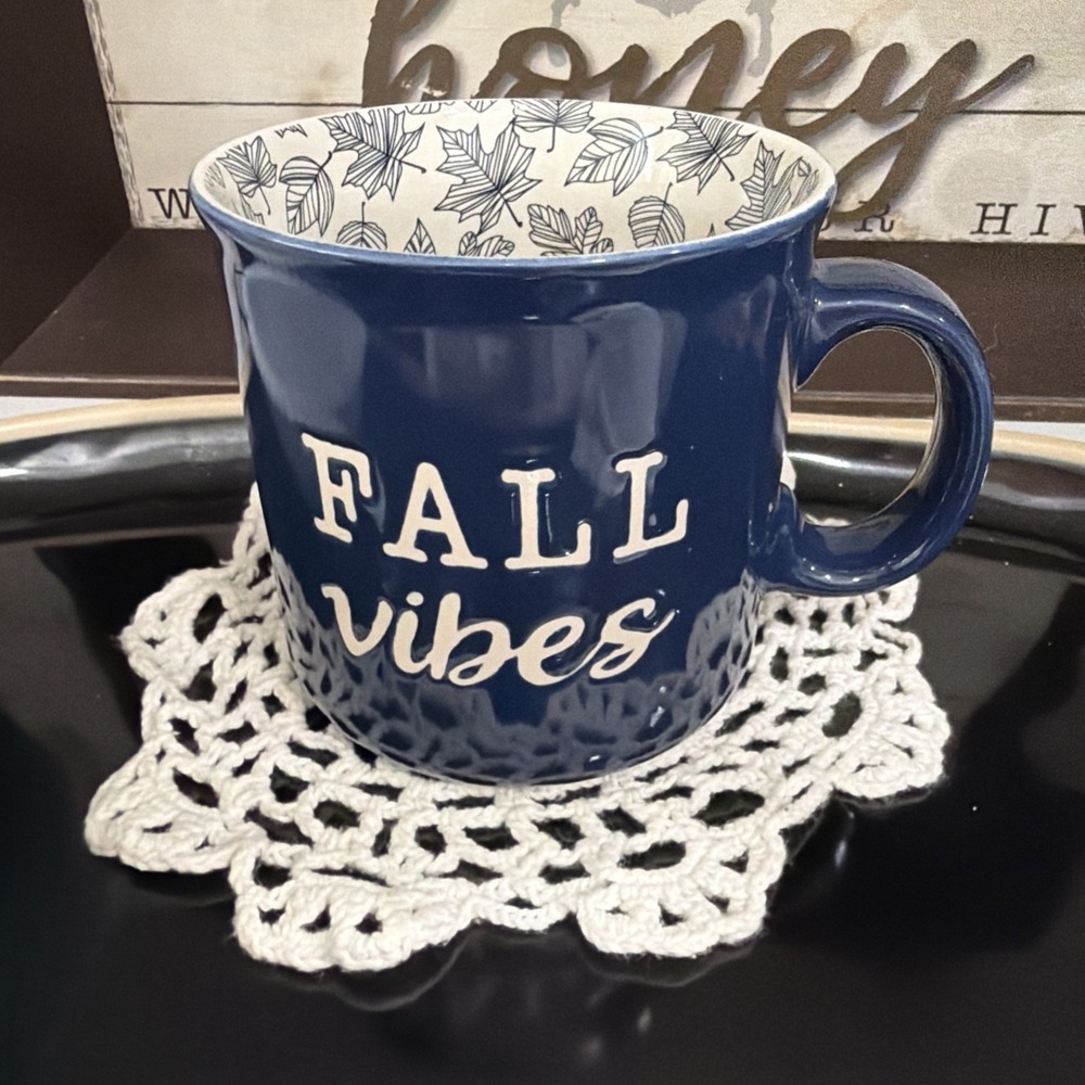 NEW Farmhouse Rachel Ashwell Navy Blue Fall Vibes Ceramic Coffee Mug Cup Large